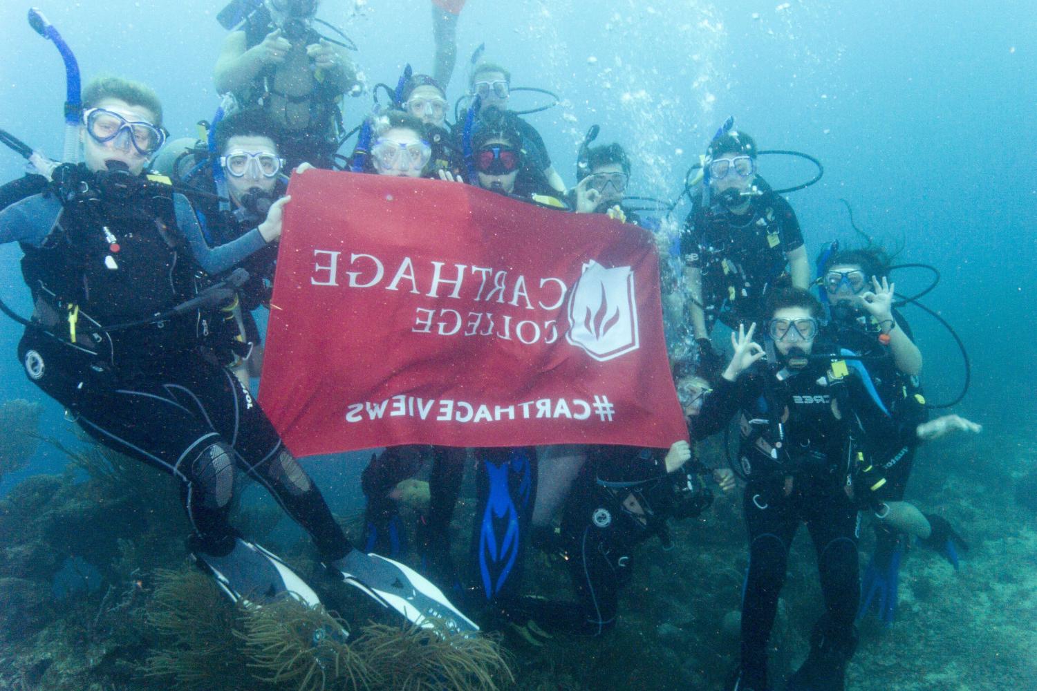 学生们手持<a href='http://20xs.ww118.net'>博彩网址大全</a>旗帜，在j学期洪都拉斯游学之旅中潜水.